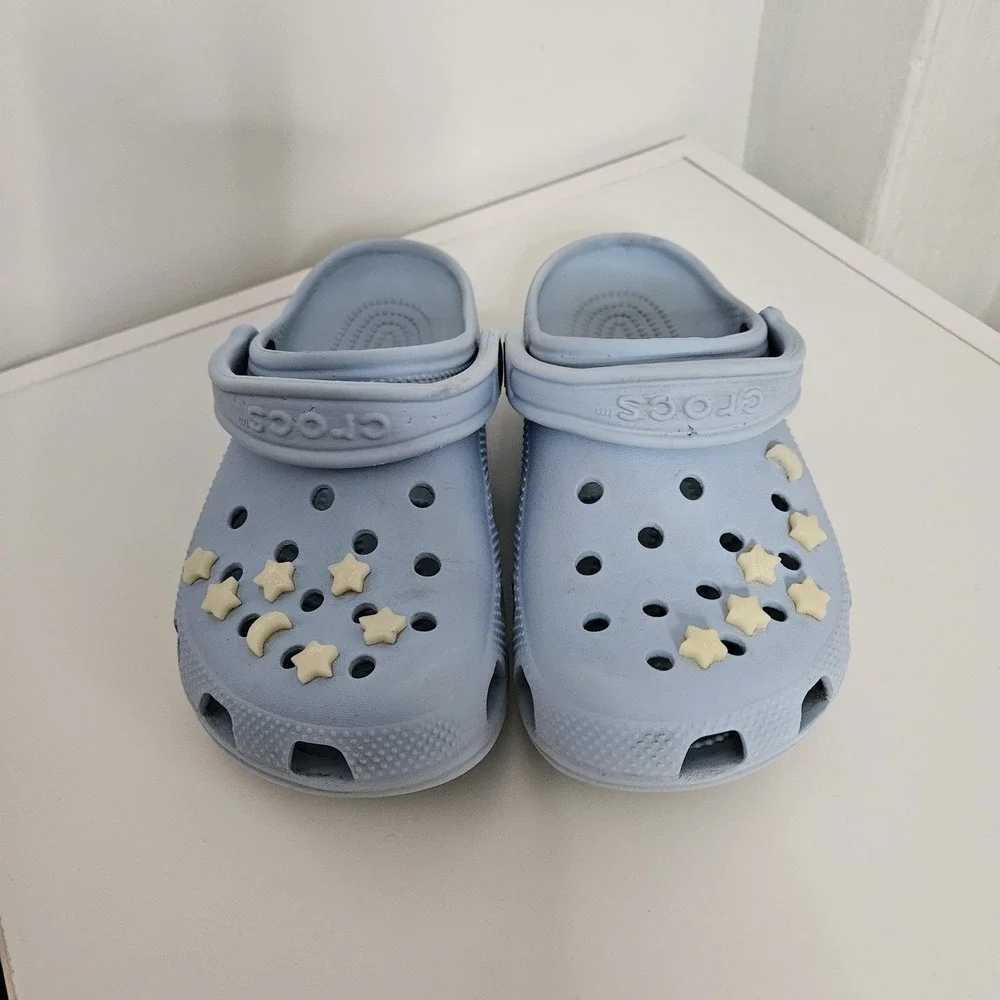 CROCS Kids Light Blue Clog Sandals with Cream Star & Moon Charms